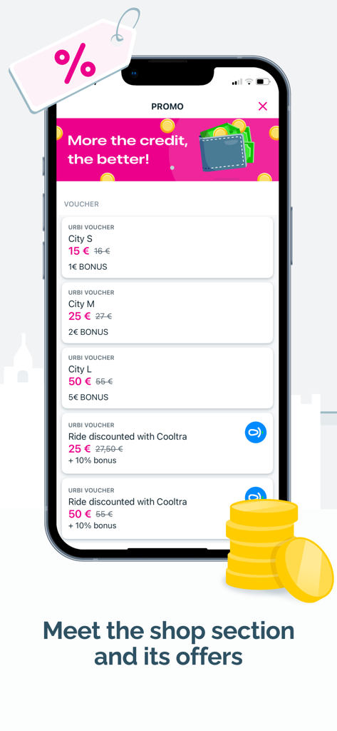 Sección de la tienda de la aplicación Urbi que muestra varios vales de movilidad y ofertas de viajes con descuento