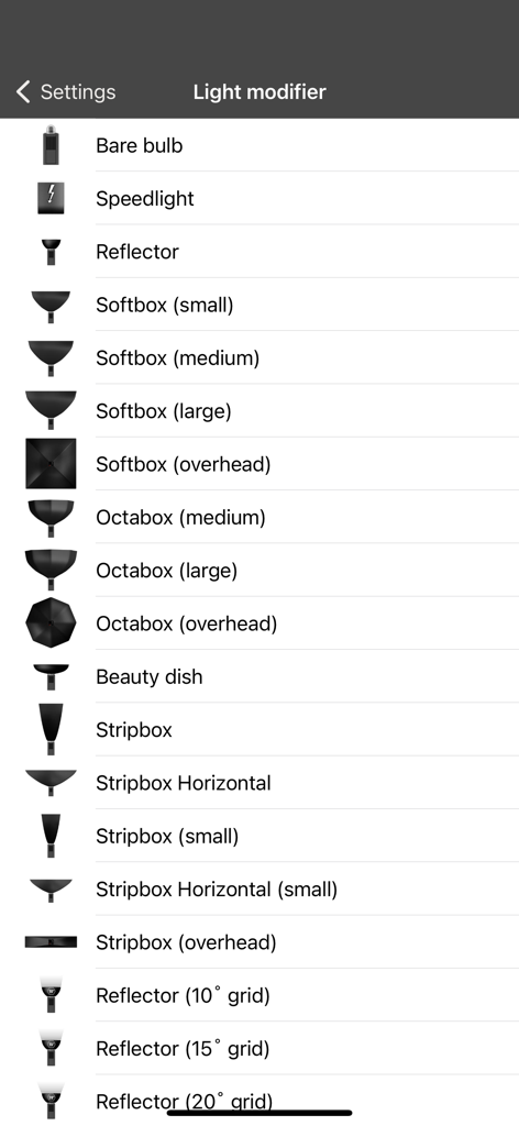 A list of professional photography light modifiers including softboxes octaboxes and reflectors in the app