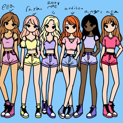 a group of girls wearing crop tops and shorts