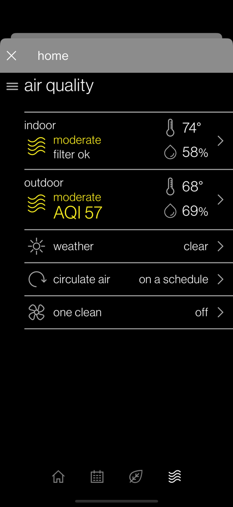 SkyportHome mobile app interface displaying indoor and outdoor air quality levels temperature and humidity settings