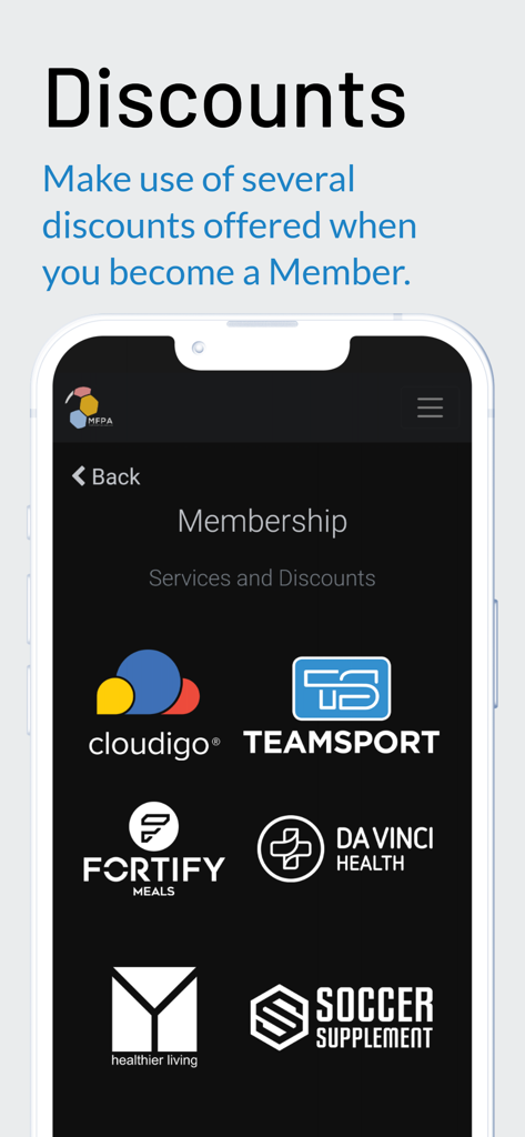 MFPA - Screenshot dell'app mobile MFPA che mostra sconti esclusivi per i membri da marchi partner come Teamsport e Cloudigo.