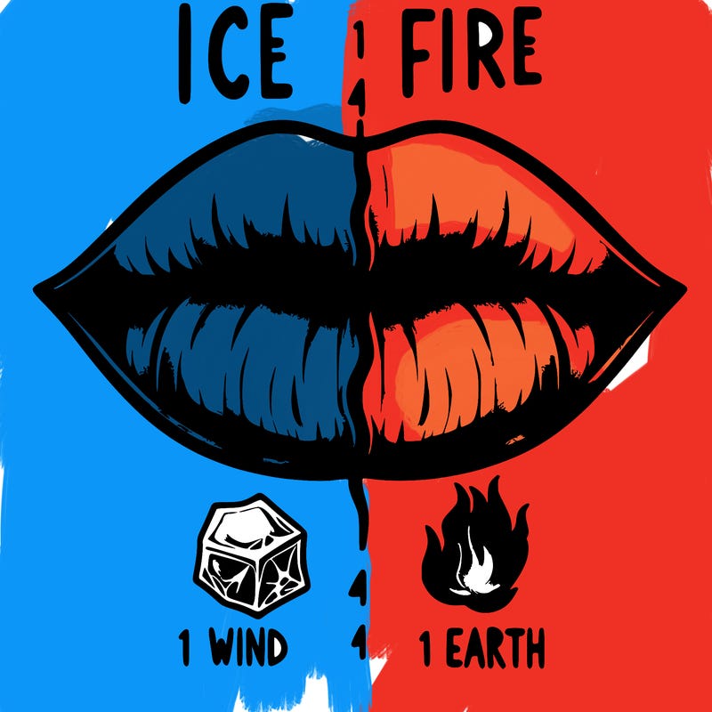 realistic lip split in fourth . 1 fourth ice 1 fire 1wind 1 earth