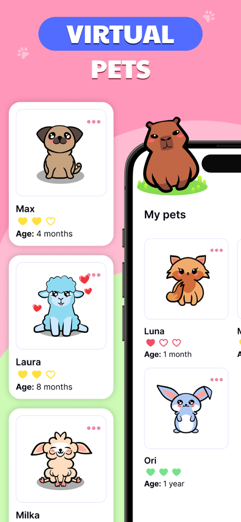 Raise Virtual Pets: Widgets - A collection of cute virtual pets including a dog sheep and cat shown as iOS widgets