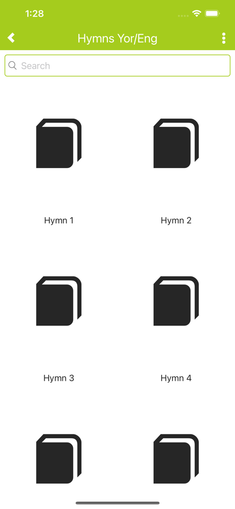 CCC HymnBook - CCC HymnBook app screen showing a searchable grid of numbered hymns in Yoruba and English