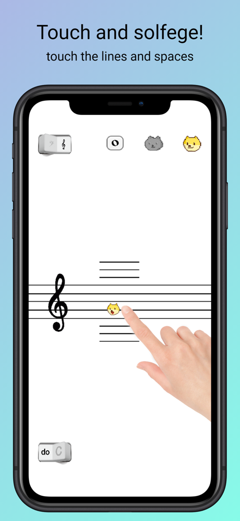 Eine Hand berührt ein Notensystem mit einem Hunde-Symbol als Note in der FurMelody App-Oberfläche