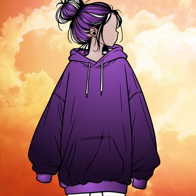 realistic girl with a oversized sweatshirt on and a bun