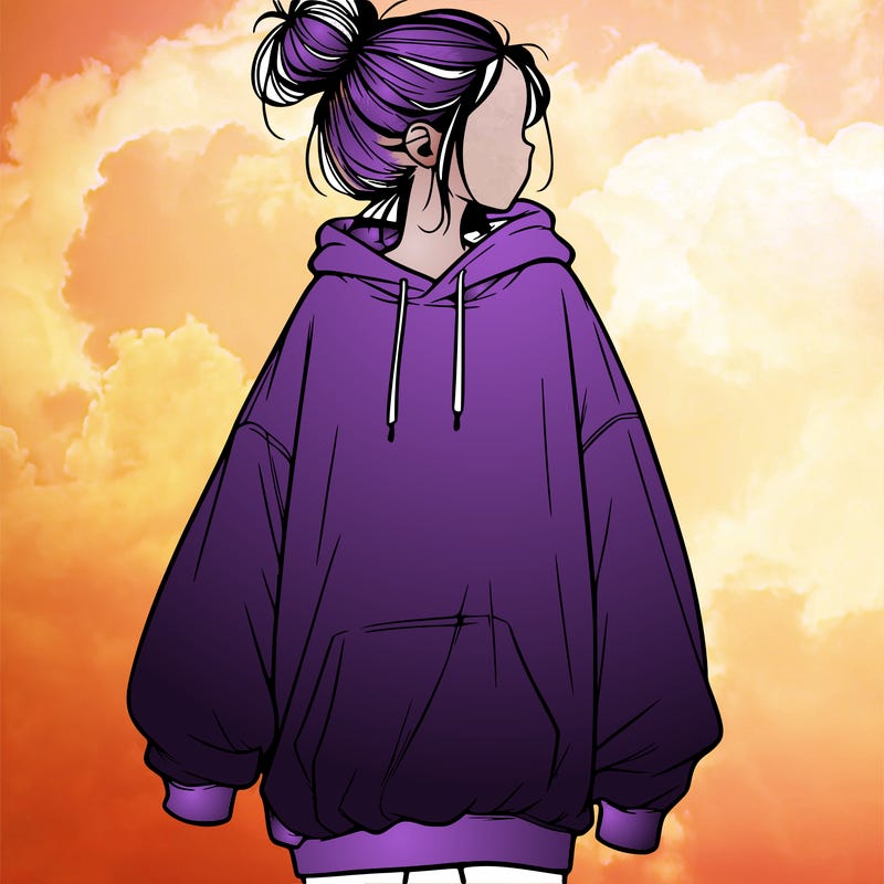realistic girl with a oversized sweatshirt on and a bun