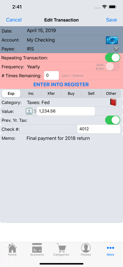 MoneyBelt - 年間税金の支払いのための手動取引入力を表示したMoneyBeltアプリ画面