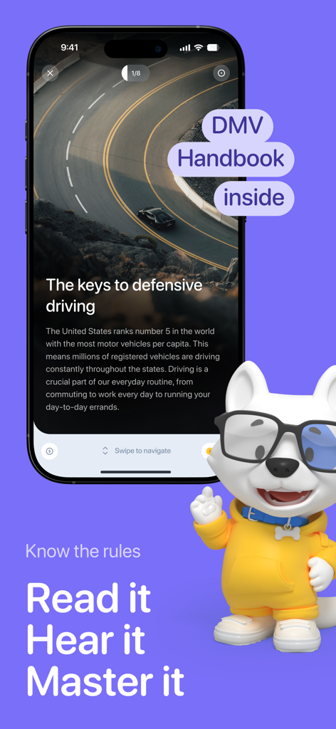 DMV Practice Test & Drivers Ed - Mobile app screen showing DMV handbook text and audio options for driving rules