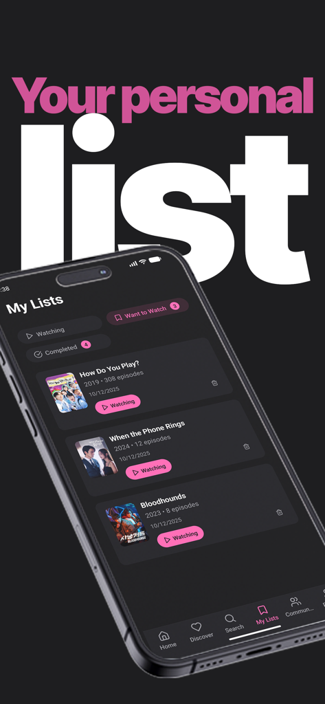 K-Drama Hub - Una pantalla de teléfono inteligente que muestra la sección de lista de visualización personal de la aplicación K-Drama Hub con varios dramas coreanos rastreados.