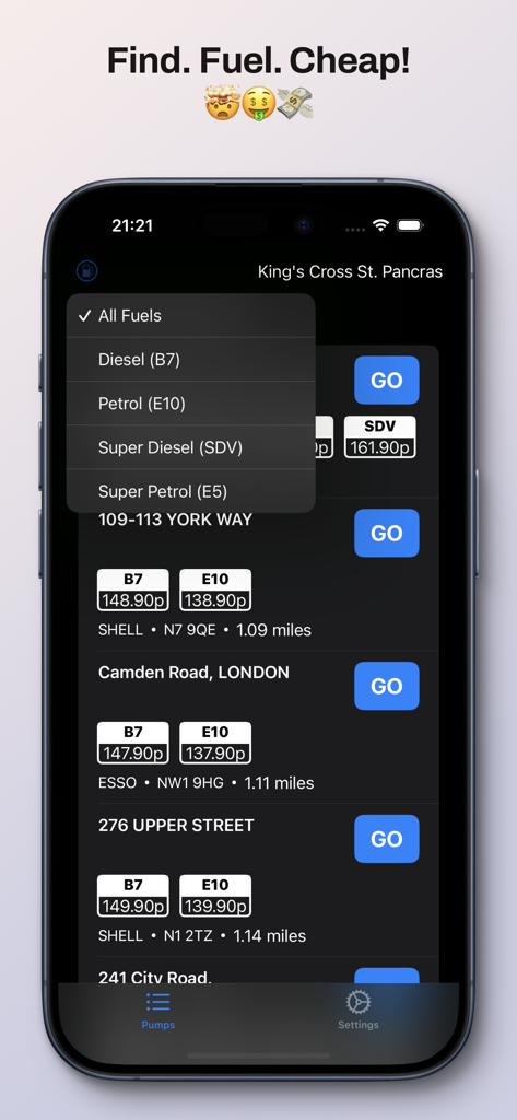 Fuel Buddy: Find Cheap Fuel - Fuel Buddy app interface showing a list of gas stations with real time fuel prices and a fuel type selection menu.