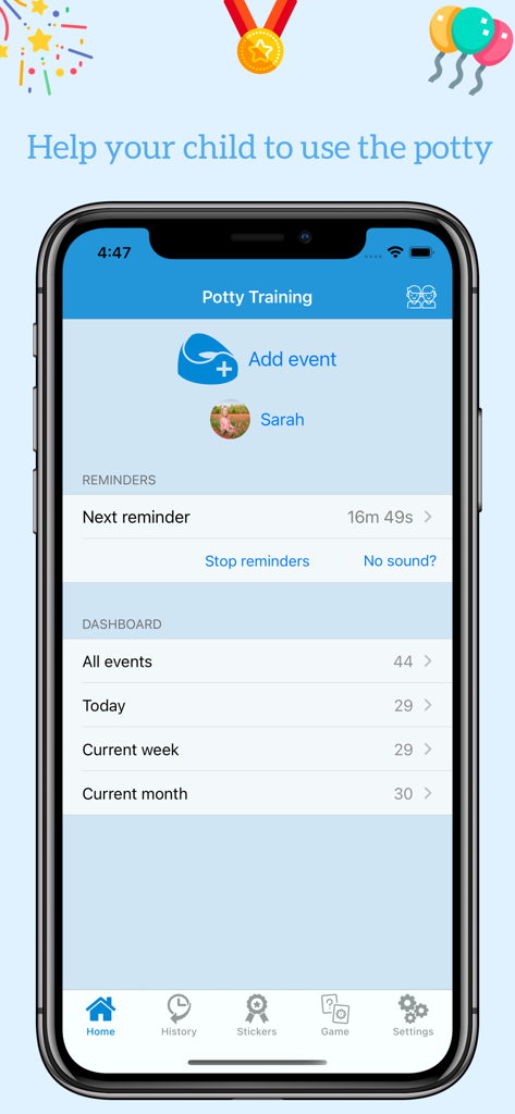 Potty Training app dashboard with activity tracking and potty reminders
