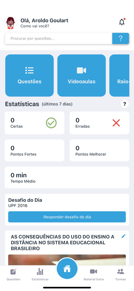 Estuda.com ENEM e Vestibular - Dashboard of the Estuda.com app showing study statistics and quick access to lessons.