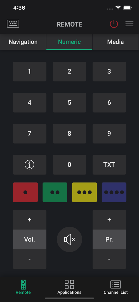 Interface of the Grundig Smart Remote app displaying a numeric keypad and volume controls for television.