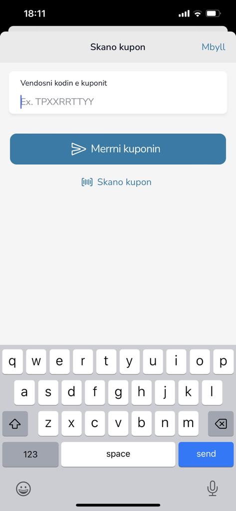 Tirana Parking - Tirana Parking app screen for scanning or manually entering a parking coupon code with an active keyboard