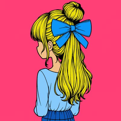 realistic girl  with hip length hair a bun and a big bow on the back of head