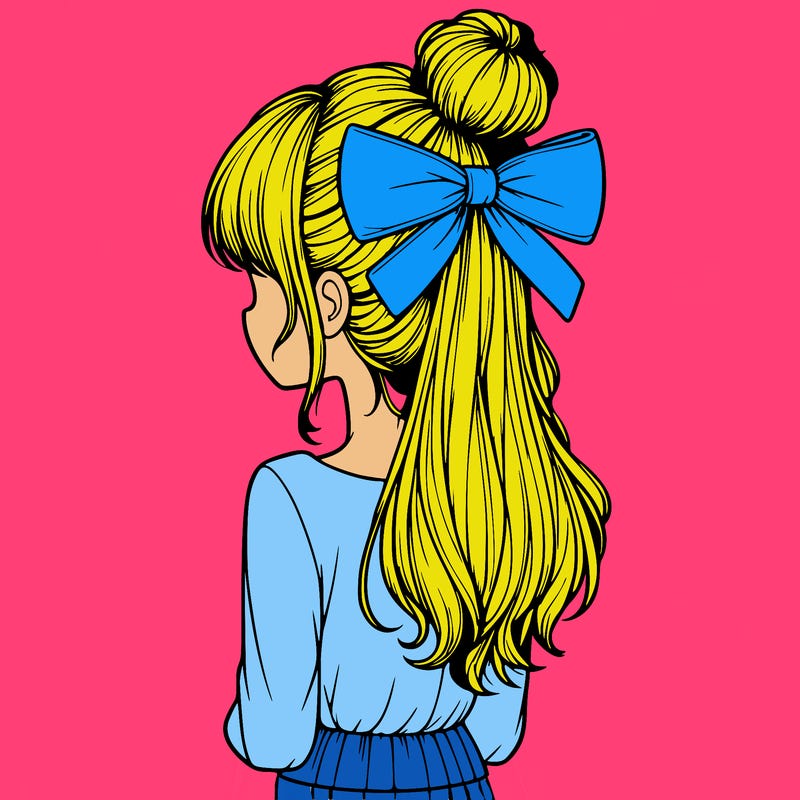 realistic girl  with hip length hair a bun and a big bow on the back of head