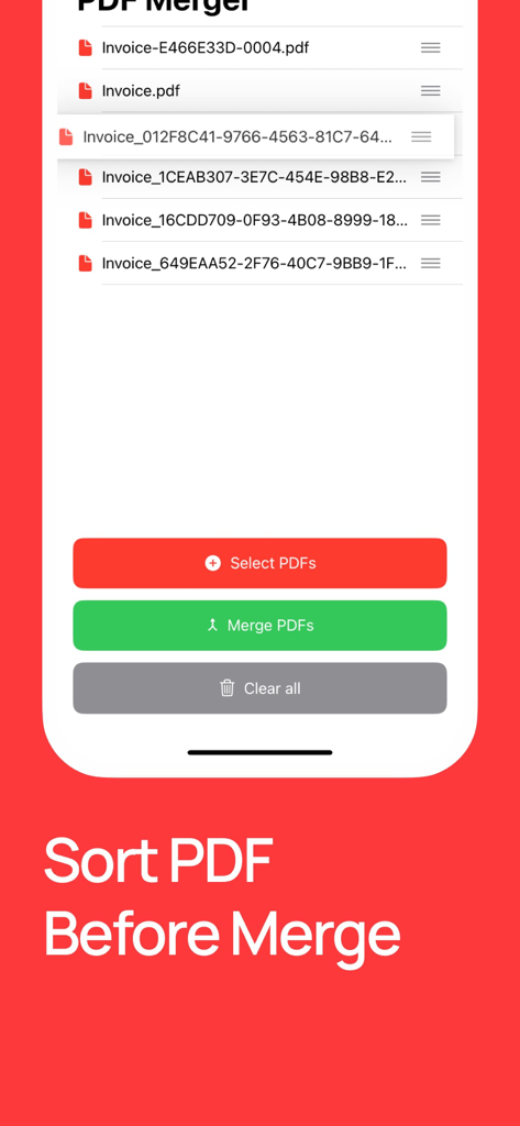 Mobile app interface for sorting and merging multiple PDF documents