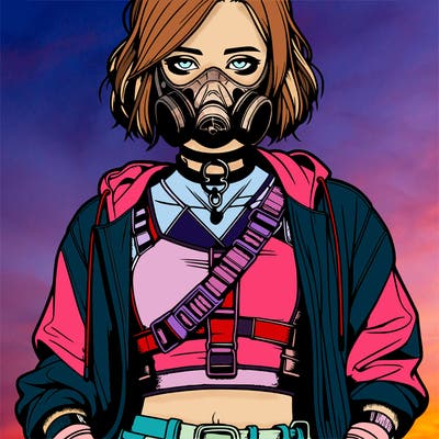 realistic baddie girl with gass mask and crop top