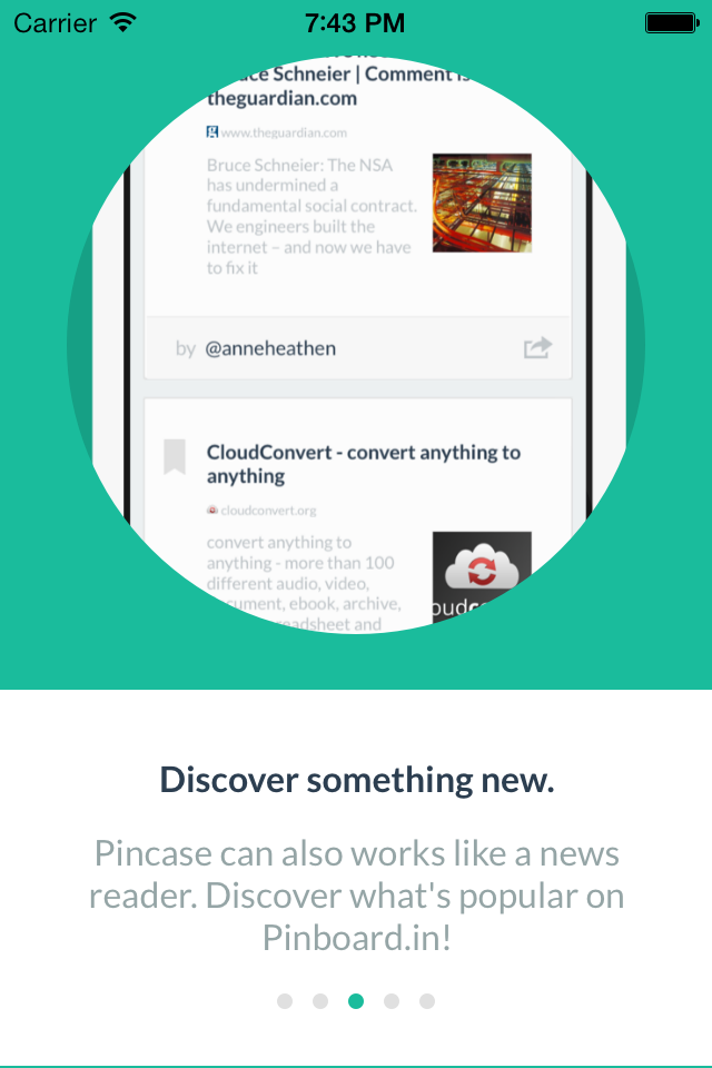 Pincase app screen showing the news reader feature to discover popular bookmarks on Pinboard
