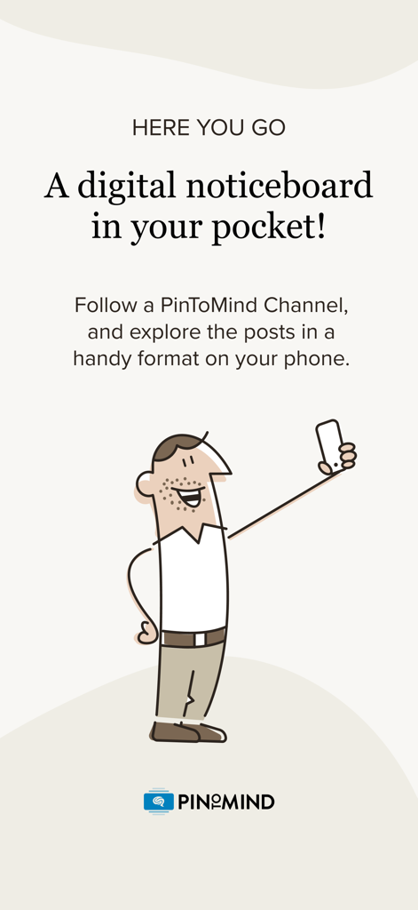PinToMind Goアプリの紹介画面。ポケットの中のデジタル掲示板として説明されています。