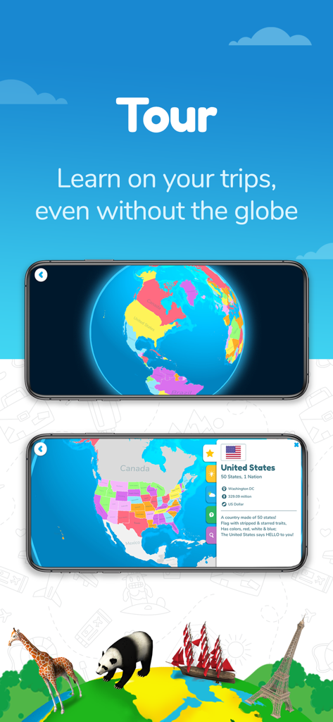 Orboot Earth AR by PlayShifu - Orboot Earth AR 앱 투어 모드로 대화형 지구본과 미국 지도가 사실과 함께 표시됨