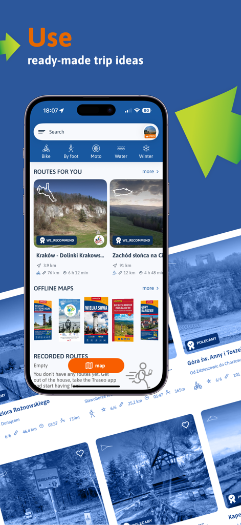 Mobile app interface of Traseo showing curated hiking and cycling routes with offline maps.