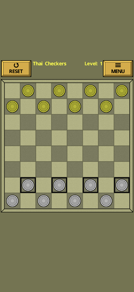 Checkers - Draughts (various) - Thai Checkers game board showing level one with yellow and gray pieces