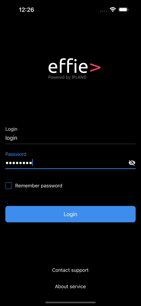 Login interface for the effie retail execution app showing username and password fields