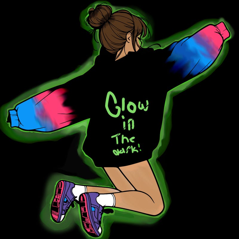 realistic girl jumping with a bun and oversized sweatshirt