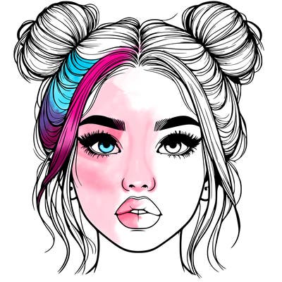 realistic girl with two buns on her hair and lips