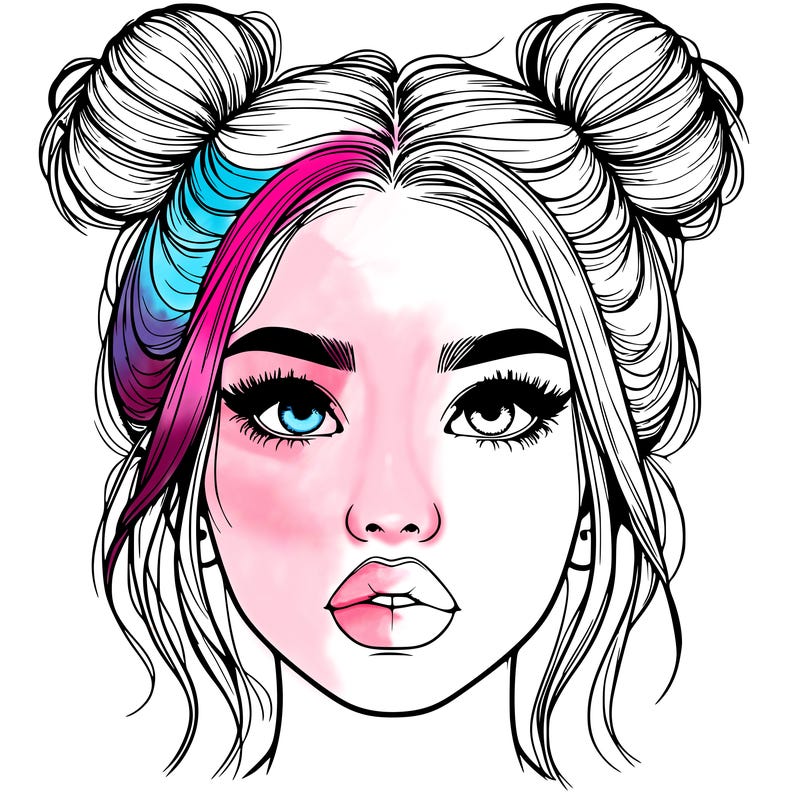 realistic girl with two buns on her hair and lips