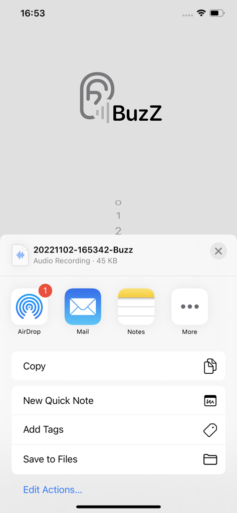 Buzz Listen - Sharing an audio recording from the Buzz Listen app using the iOS share sheet interface