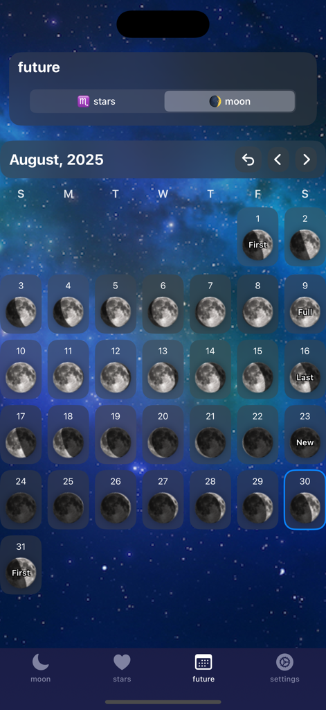 Monthly calendar view showing the moon phase for each day in the Full Moon Phase app