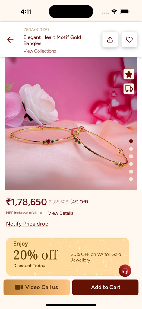 GRT Jewellers - Mobile app product page for GRT Jewellers showing elegant heart motif gold bangles with price and shopping options.