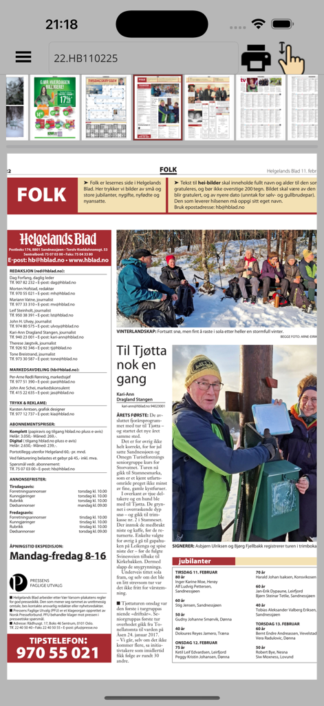 Digital replica of the Helgelands Blad local newspaper in the HBlad app