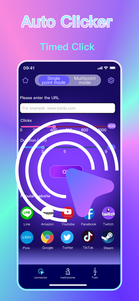 Auto Clicker - Taptap Clicker - Pantalla de la aplicación Auto Clicker que muestra la configuración del modo de punto único con controles deslizantes de clic y duración.