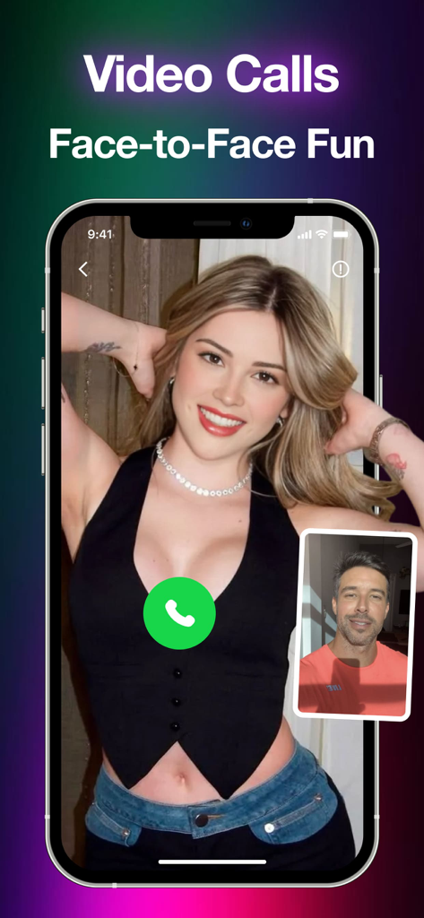 Duvet - Chat & Video Call - A smartphone screen showing two people having a face to face video call on the Duvet app