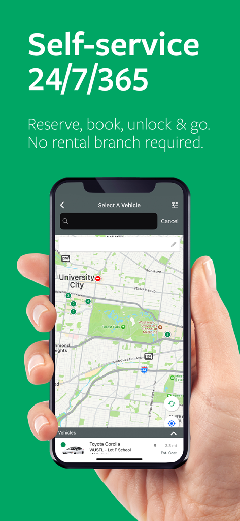 Smartphone screen displaying the Enterprise CarShare app map for self-service vehicle booking