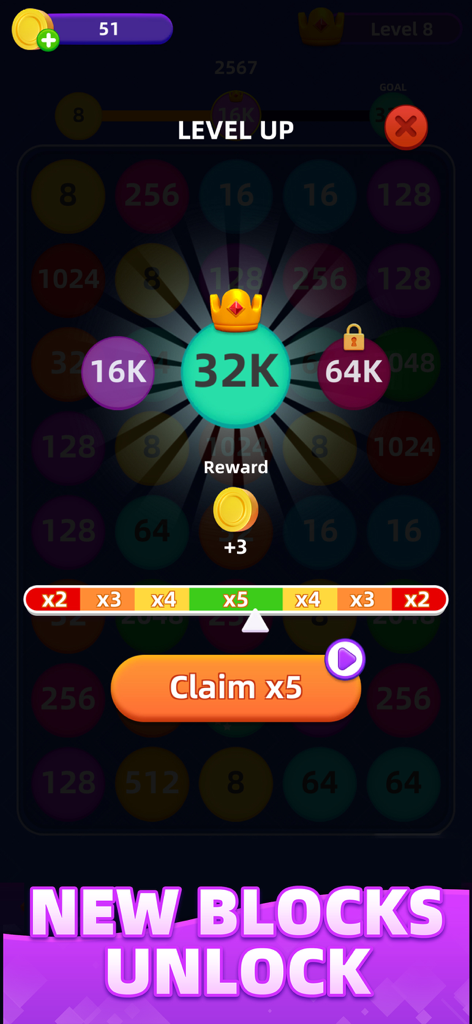 2248 Blast - Number Merge Game - Screenshot del gioco 2248 Blast che mostra una schermata di avanzamento di livello con un nuovo blocco da 32K sbloccato e un pulsante per reclamare la ricompensa in monete.