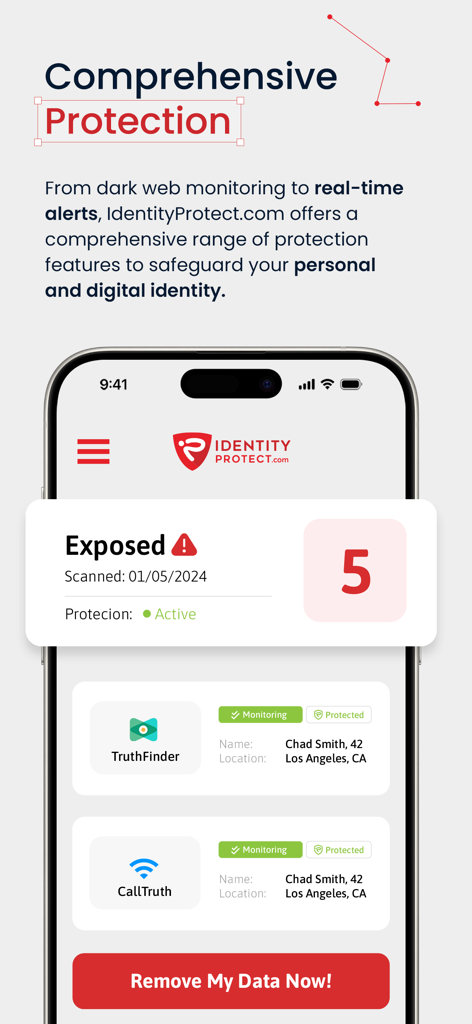 IdentityProtect.com - IdentityProtect app interface showing exposure alerts and a button to remove personal data from brokers.
