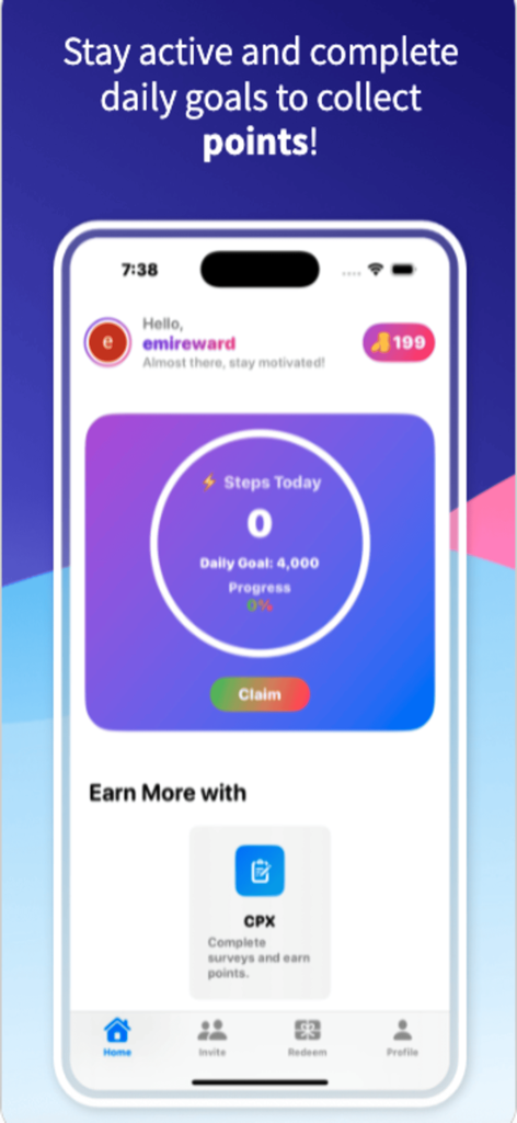 EarnZy: Survey & Games - EarnZy app dashboard featuring a daily step counter and CPX Research survey options to earn coins