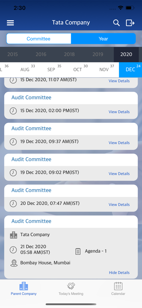 TCS Board App - TCS Board App interface displaying a list of corporate audit committee meetings for a selected month and year