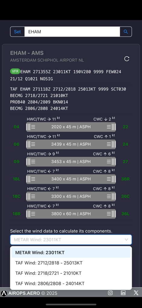 Airops Copilot - Airops Copilot app interface showing runway wind components and weather reports for Amsterdam Schiphol Airport