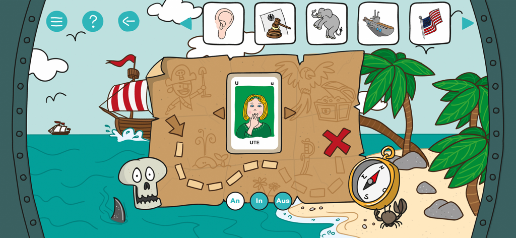 Artikulation - Interfaz de aplicación de logopedia infantil que presenta un mapa temático de piratas y una tarjeta de gesto sonoro para la letra U.