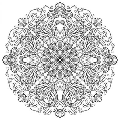 Unleash your inner artist with this captivating Siren Mermaid Mandala. This intricate design weaves together mythical mermaids, flowing waves, and ocean treasures into a beautifully symmetrical pattern, perfect for a relaxing coloring escape.
