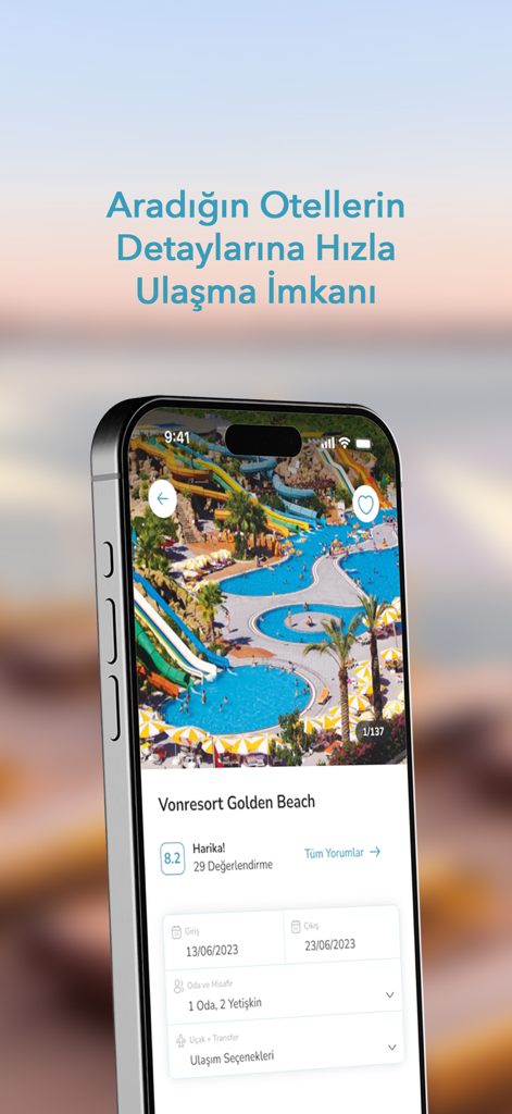 Gezinomi - Interfaz de la aplicación Gezinomi que muestra los detalles de reserva del hotel para un resort en Turquía.