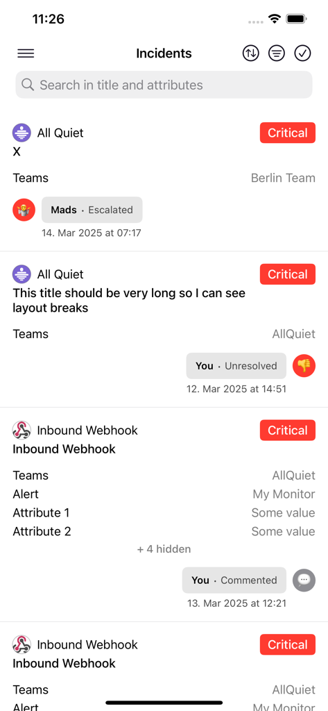 All Quiet - Dashboard showing critical incident alerts and team statuses in the All Quiet app