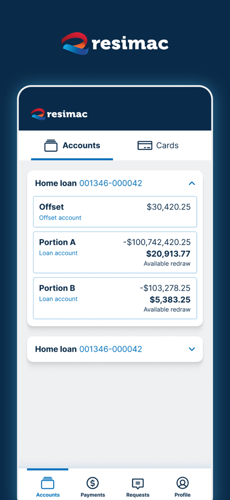 Resimac mobile app interface displaying home loan account details including offset balances and available redraw amounts