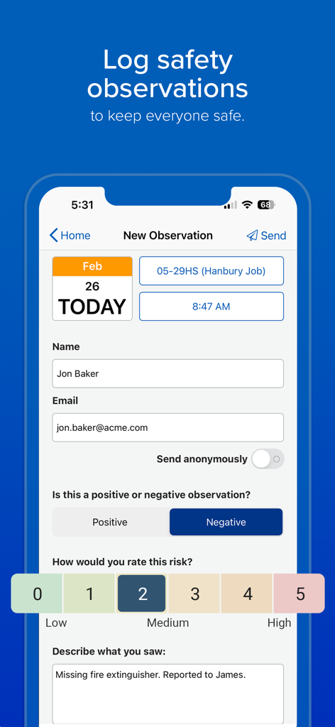 Interface móvel do aplicativo HCSS Field mostrando um relatório de observação de segurança para um canteiro de obras.
